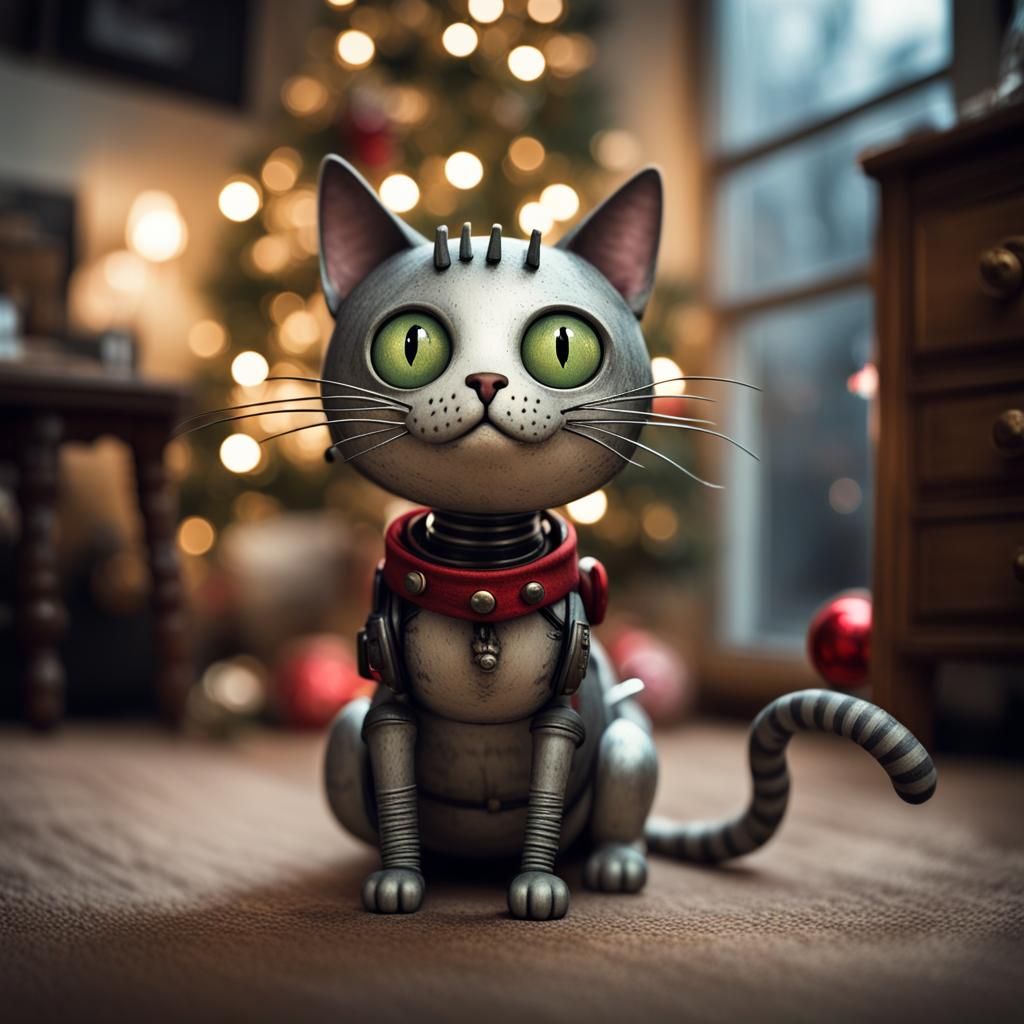 Cyberpunk Christmas Cat in Cartoon Style