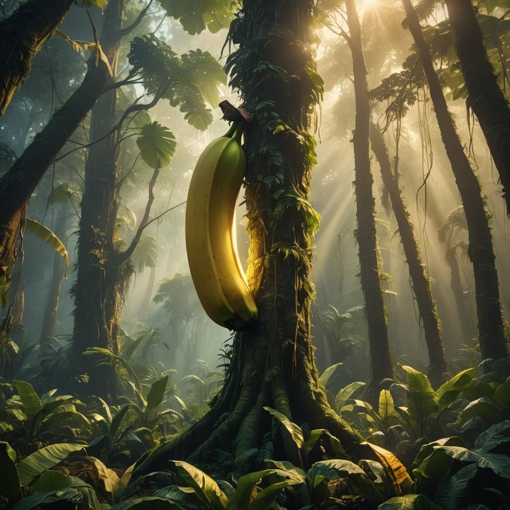 Giant Glowing Banana in Mystical Forest: Digital Matte Paint...
