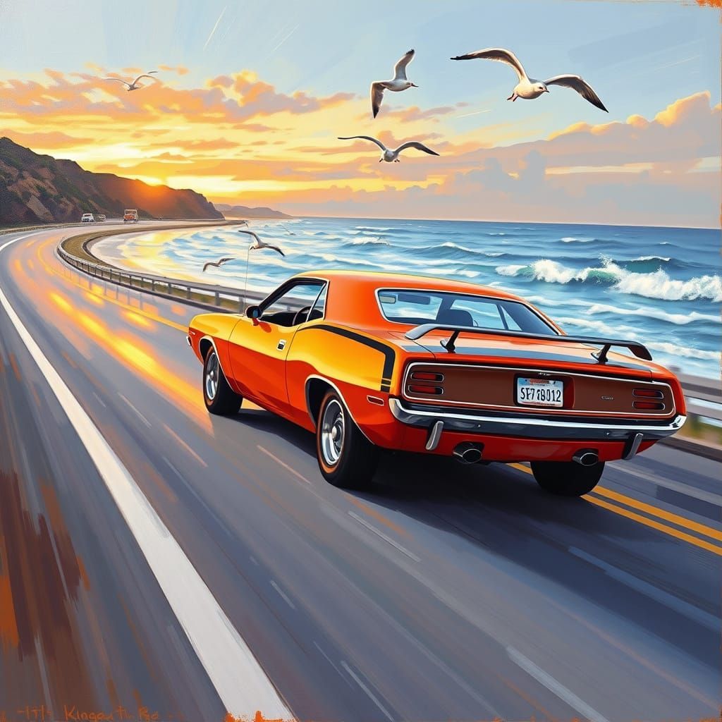 Orange 1970 Plymouth Barracuda Speeds Down Coastal Highway a...