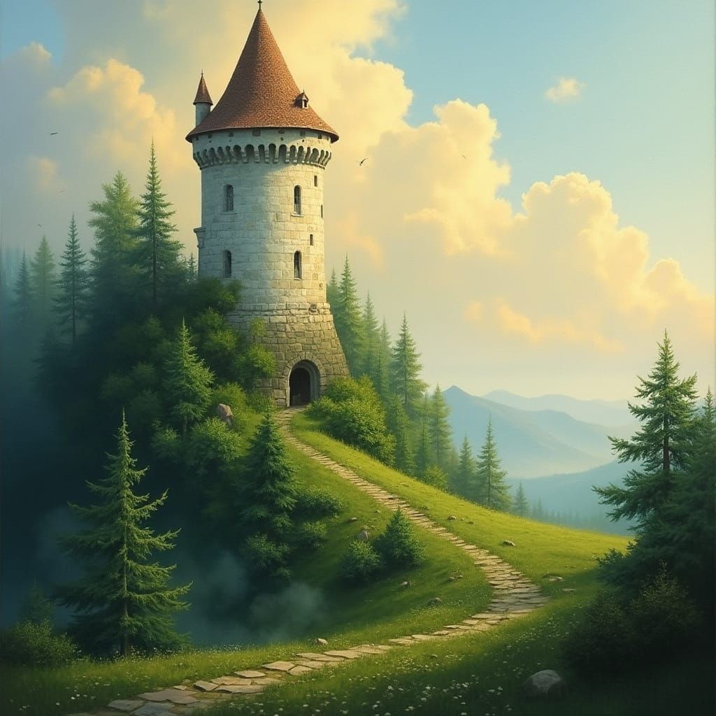 Whimsical Stone Tower Amidst Enchanted Forest