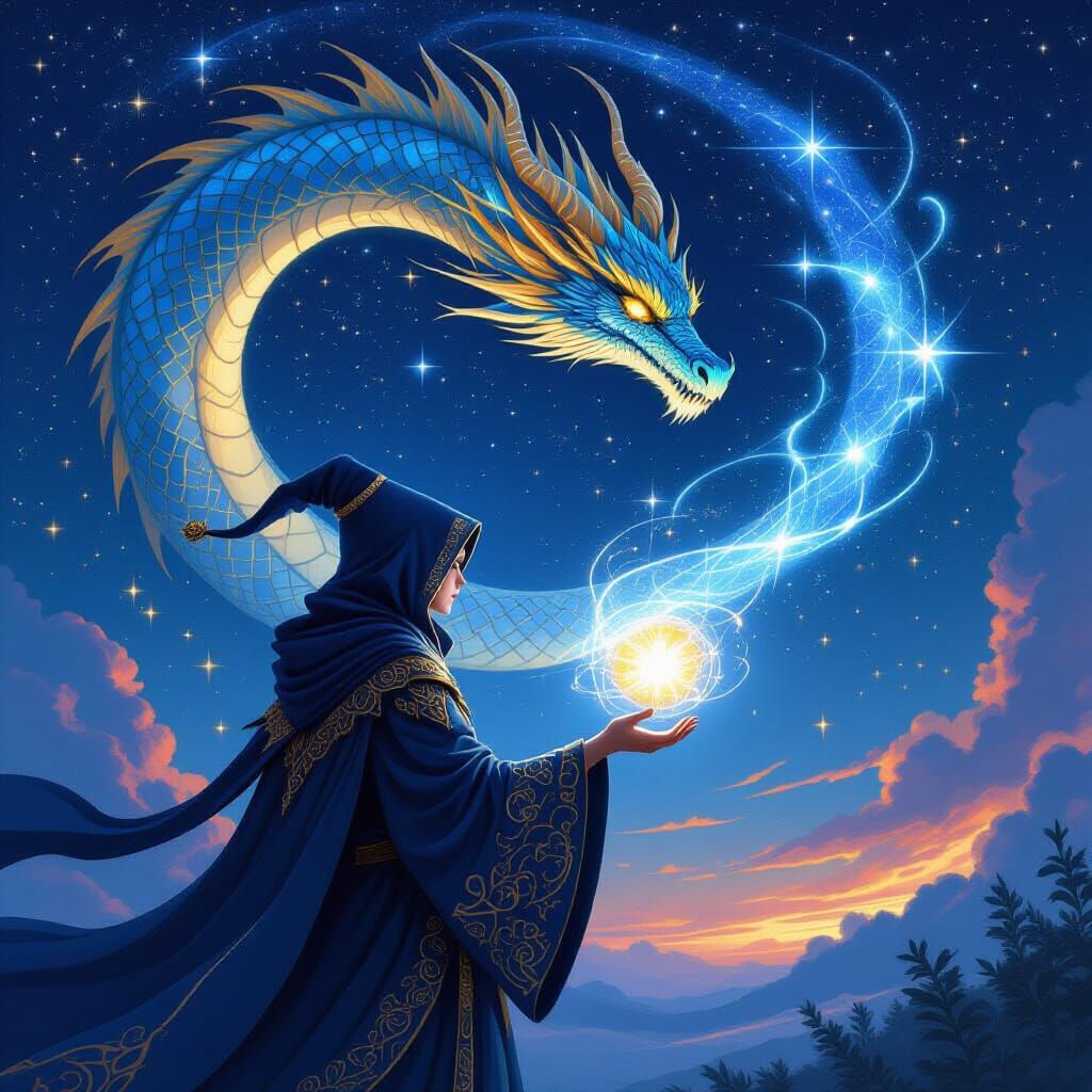 Celestial Dragon Spirit and Mage Under Stars