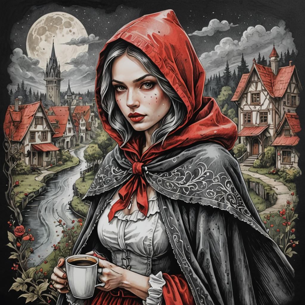 Little Red Riding Hood with Coffee, 3D Digital Art