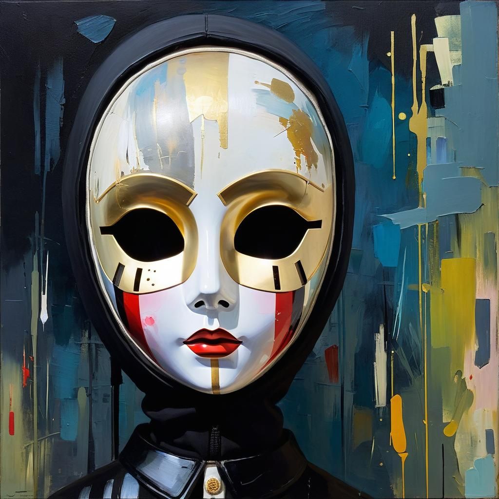 Creepy Cute Broken Doll Mask in Oil Style