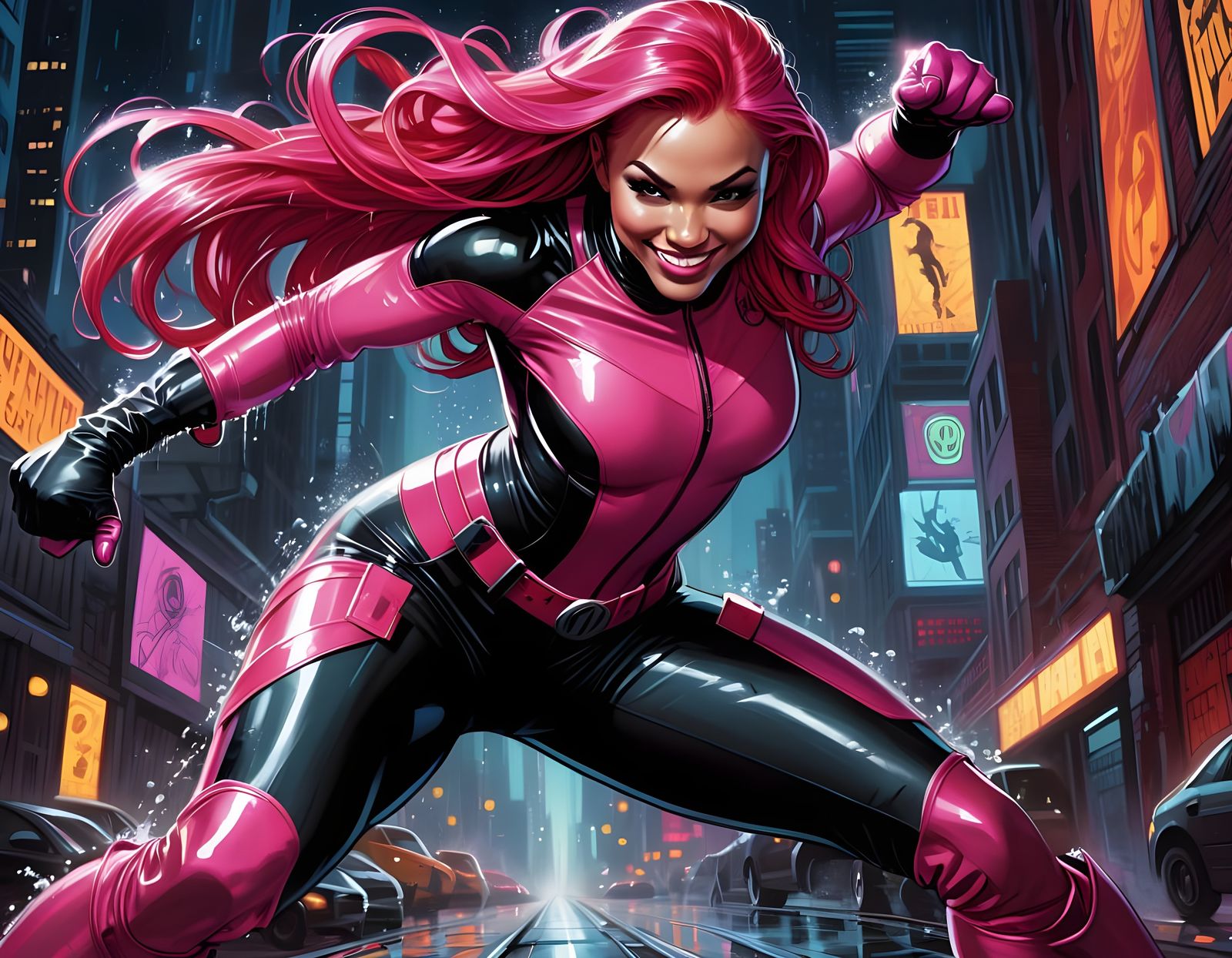 Comic Book Superheroine in Pink Latex Outfit Ready to Box