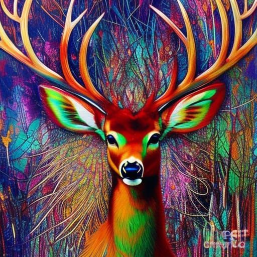 Deer Head with Peacock Feathers Watercolor