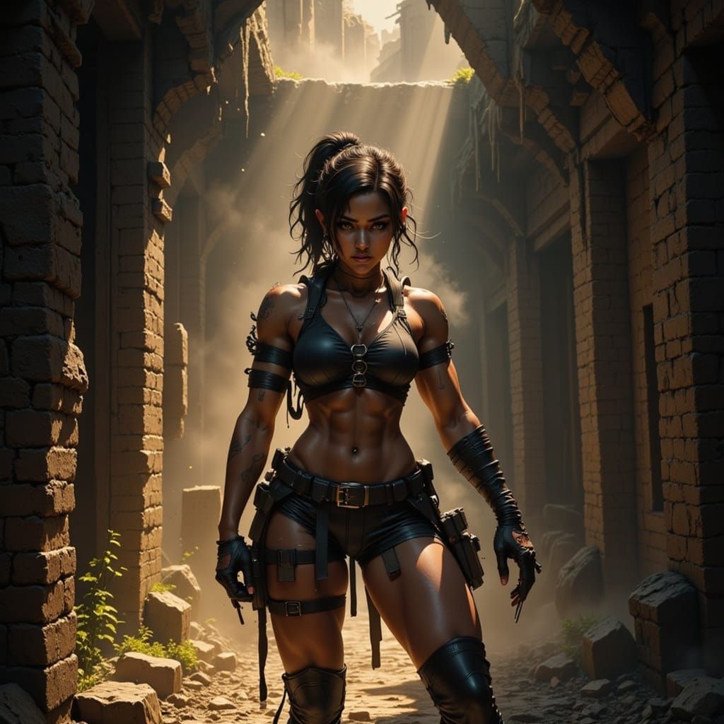 Fierce Adventurer in Ancient Ruins, Cyberpunk Aesthetic