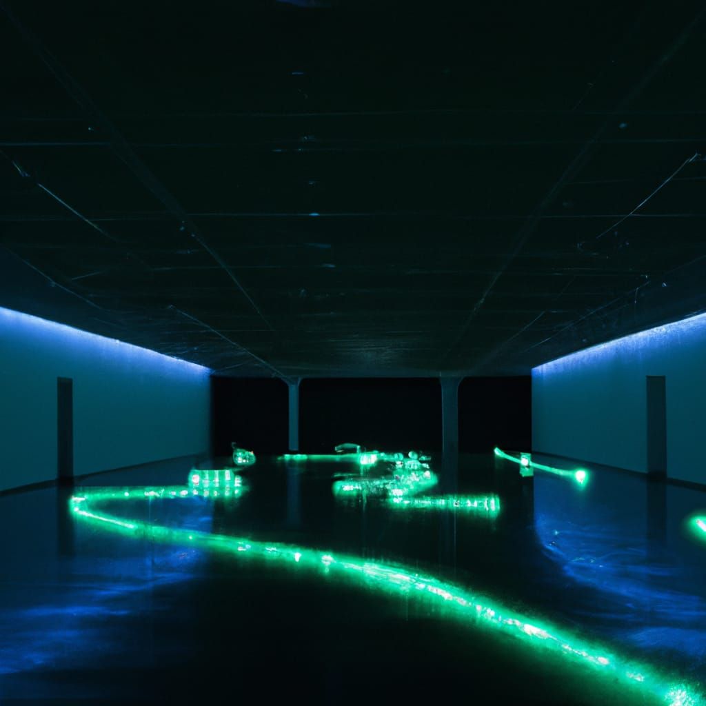 Neon Fireflies in a Photorealistic Exhibition Hall