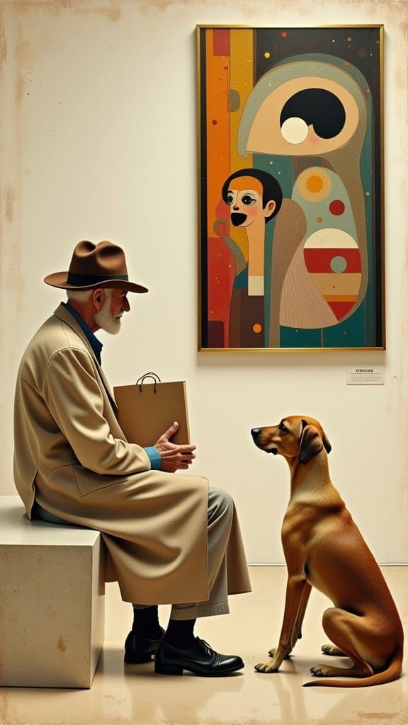 Elderly Man Contemplates Surreal Art in Modern Gallery