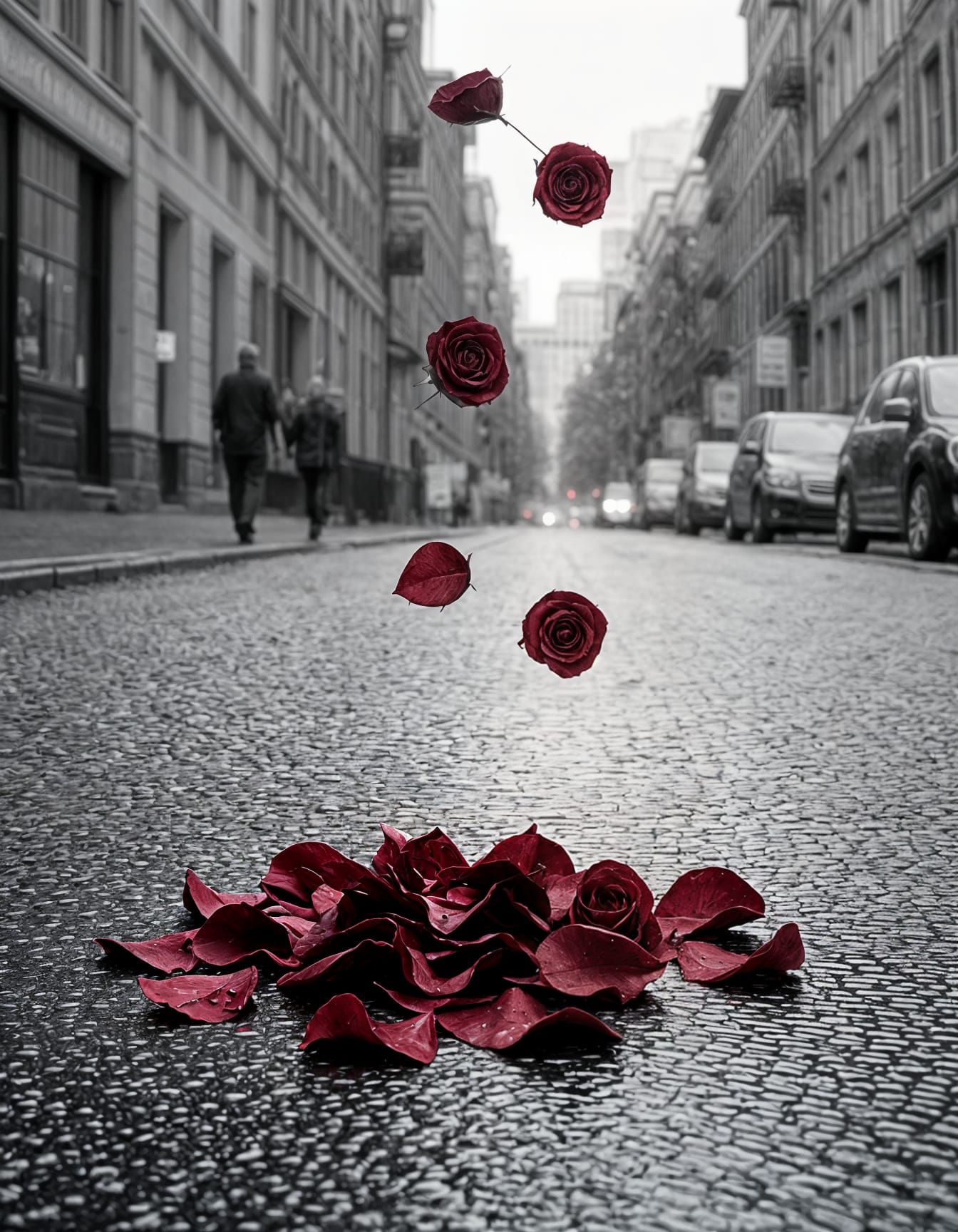 Crumpled Rose Petals Fall Onto Wet Street