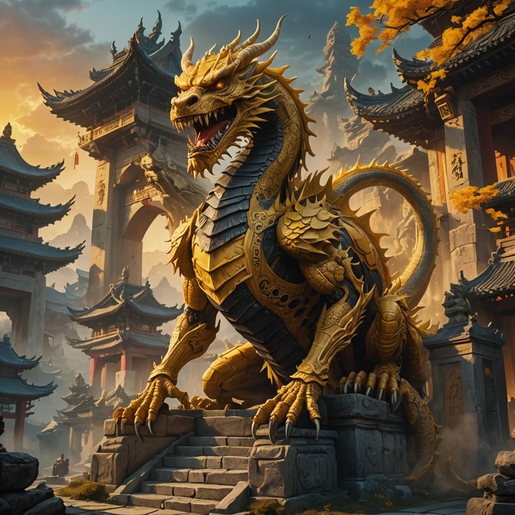 Yellow Dragon Guards Temple in Eastern Fantasy Style