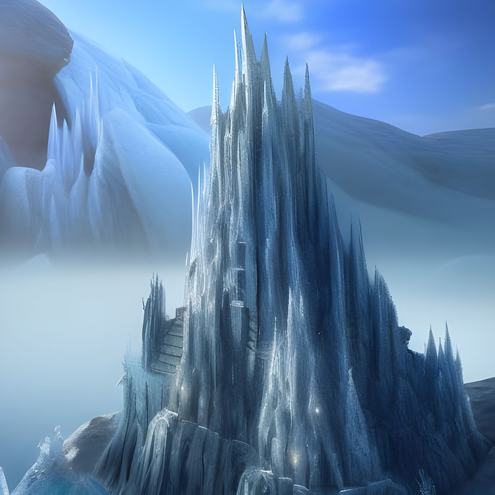 Ice Crystal Castle on Cliff: Detailed Matte Painting