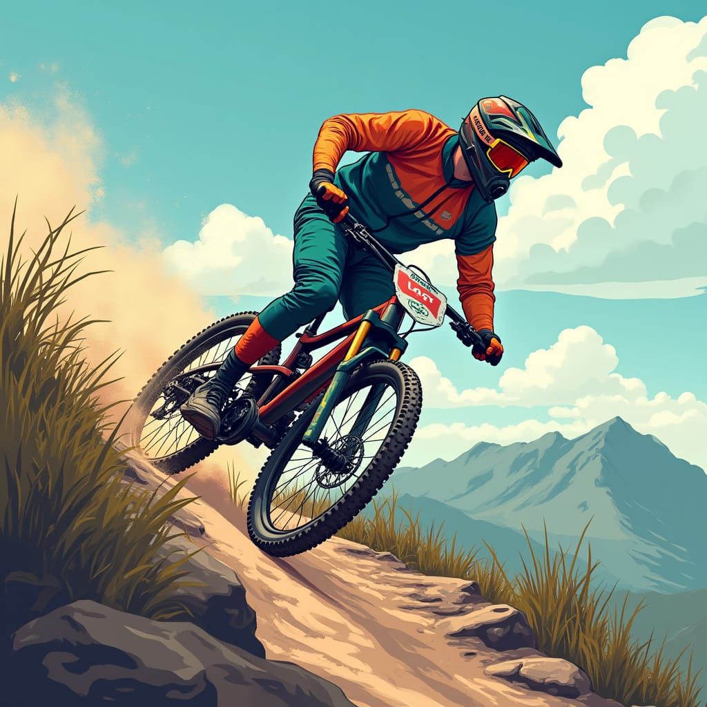 Mountain Biker Downhill Race: Stylized Illustration