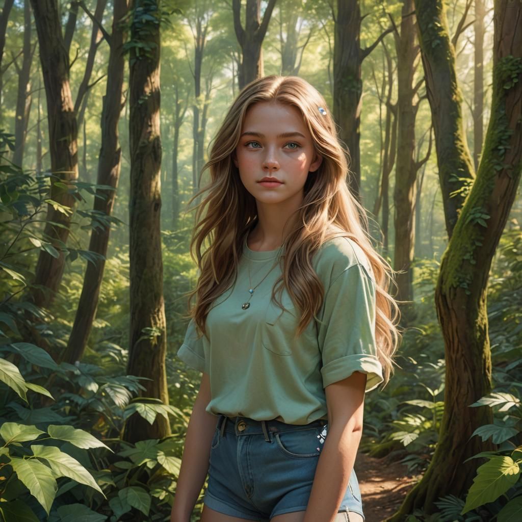 Girl in Forest, Detailed Matte Painting
