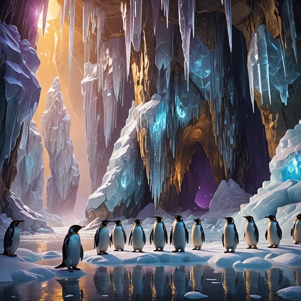 Crystal Penguins in Glowing Ice Caves: Fantasy Art