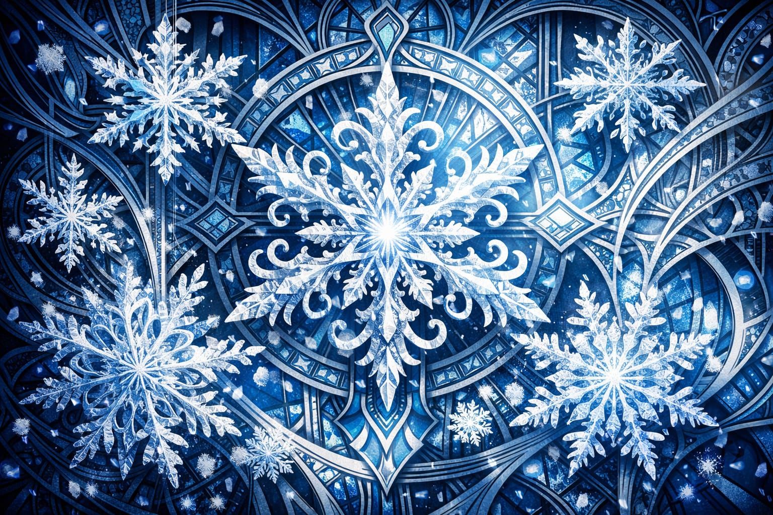 Art Nouveau Snowflakes with Geometric Patterns