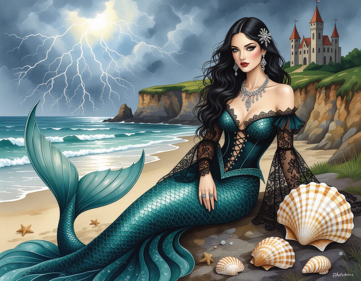 Gothic Mermaid on Stormy Beach as Aquarelle Painting
