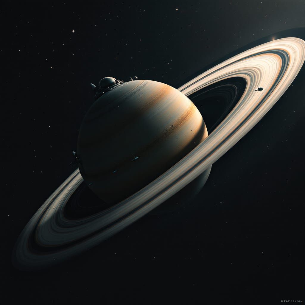 A huge human  with rockets on its sides floats on Saturn's s...