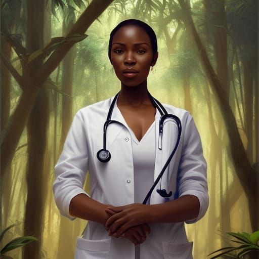 Beautiful Doctor in Jungle Clinic: Hyperdetailed Portrait