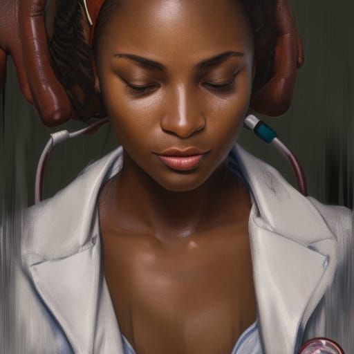 African Doctor Portrait in Jungle Clinic, Detailed Digital A...