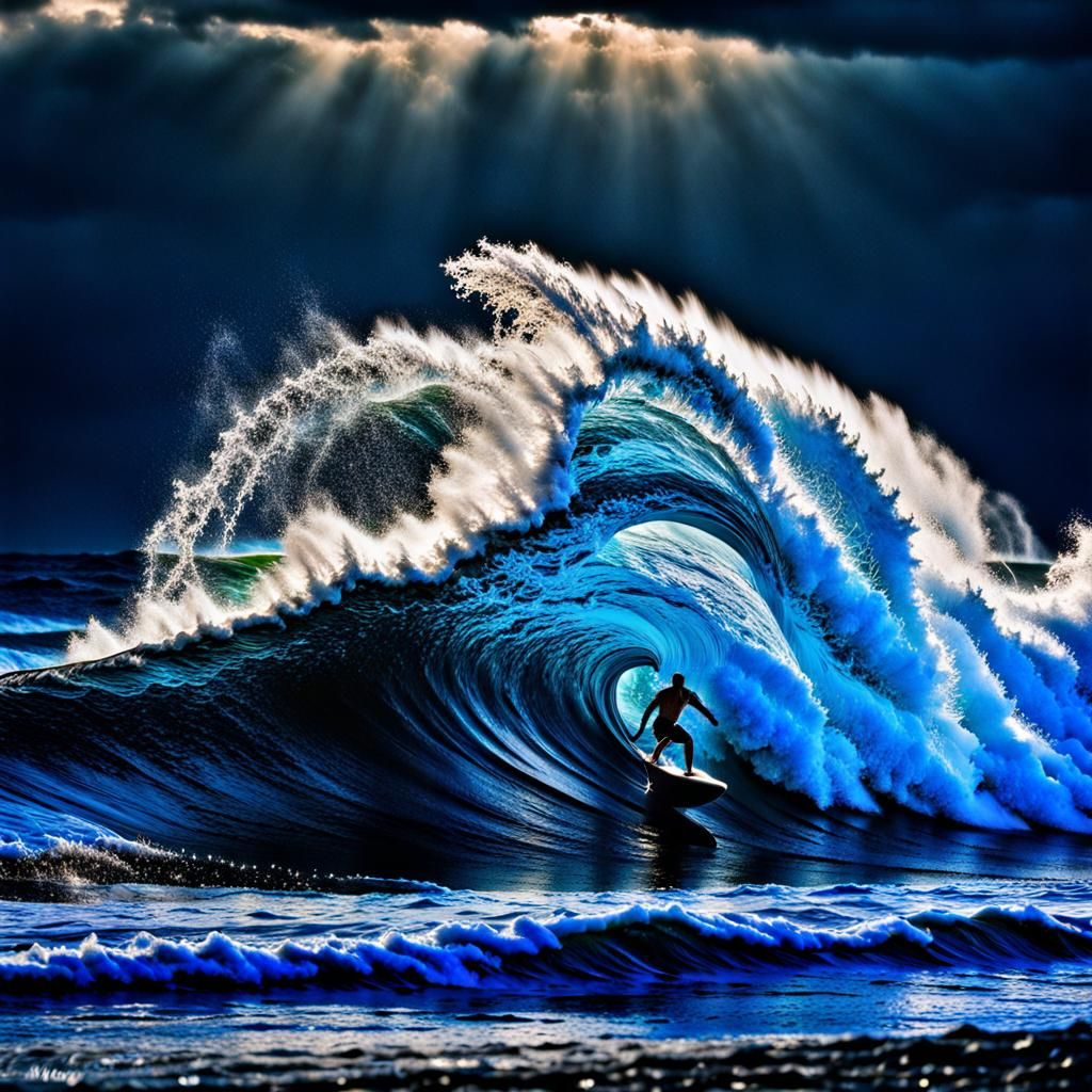 Bioluminescent Wave Surfer at Night in HDR