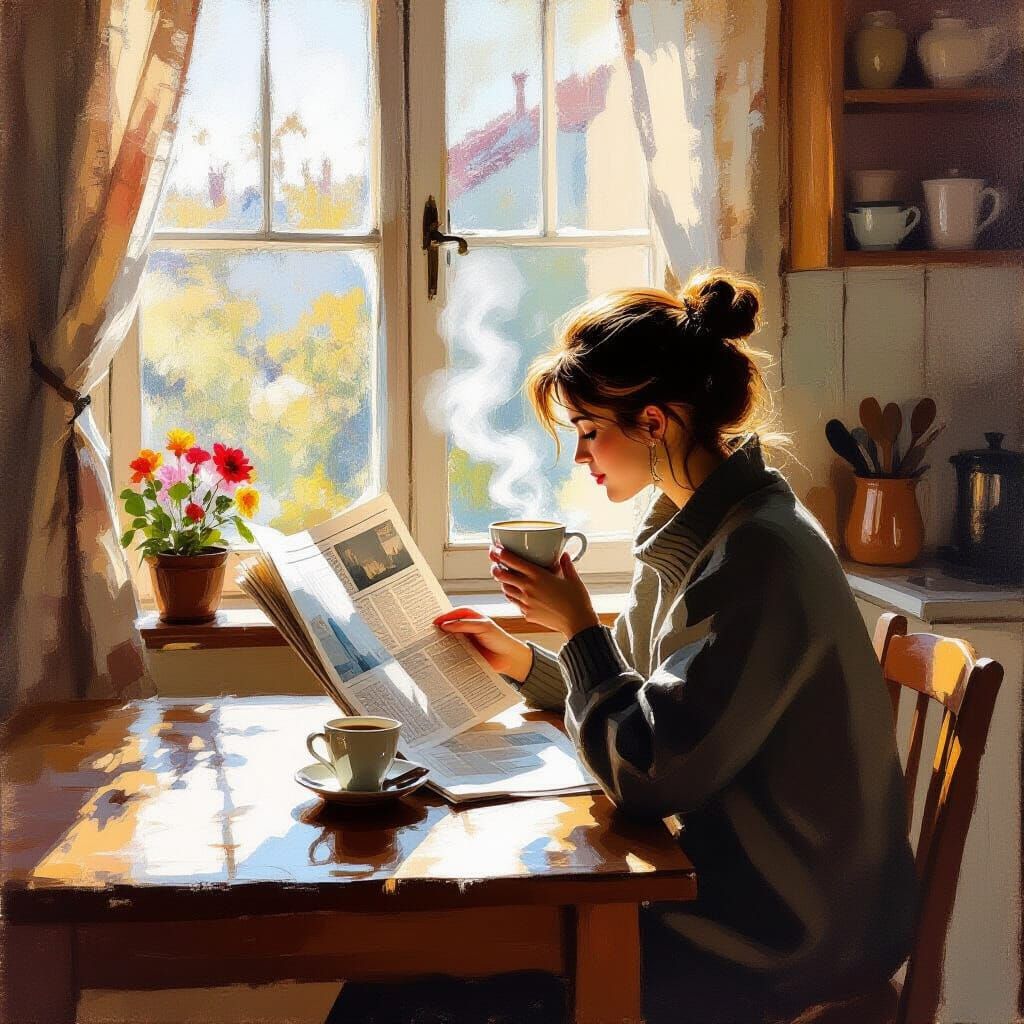 Cozy Kitchen Morning: Reading Newspaper, Drinking Coffee