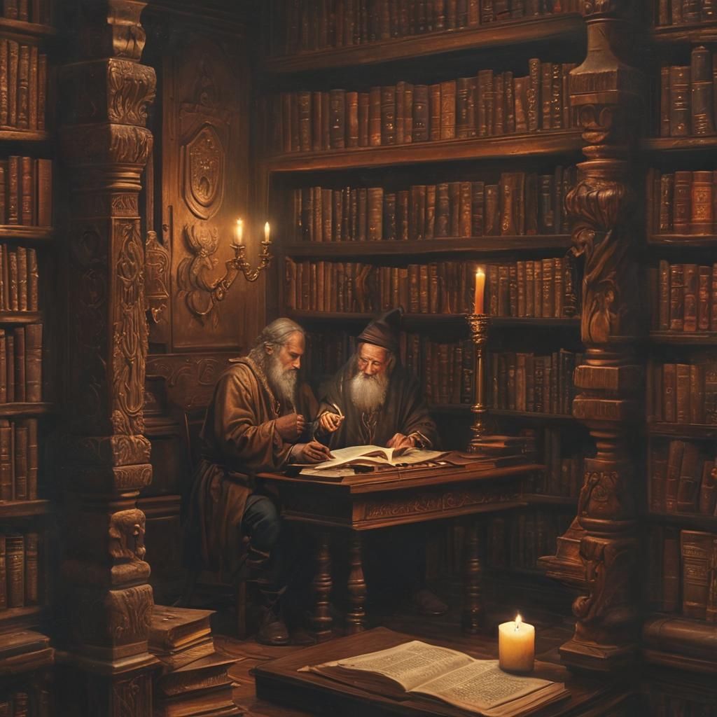 Wizards Studying by Candlelight: An Oil Painting
