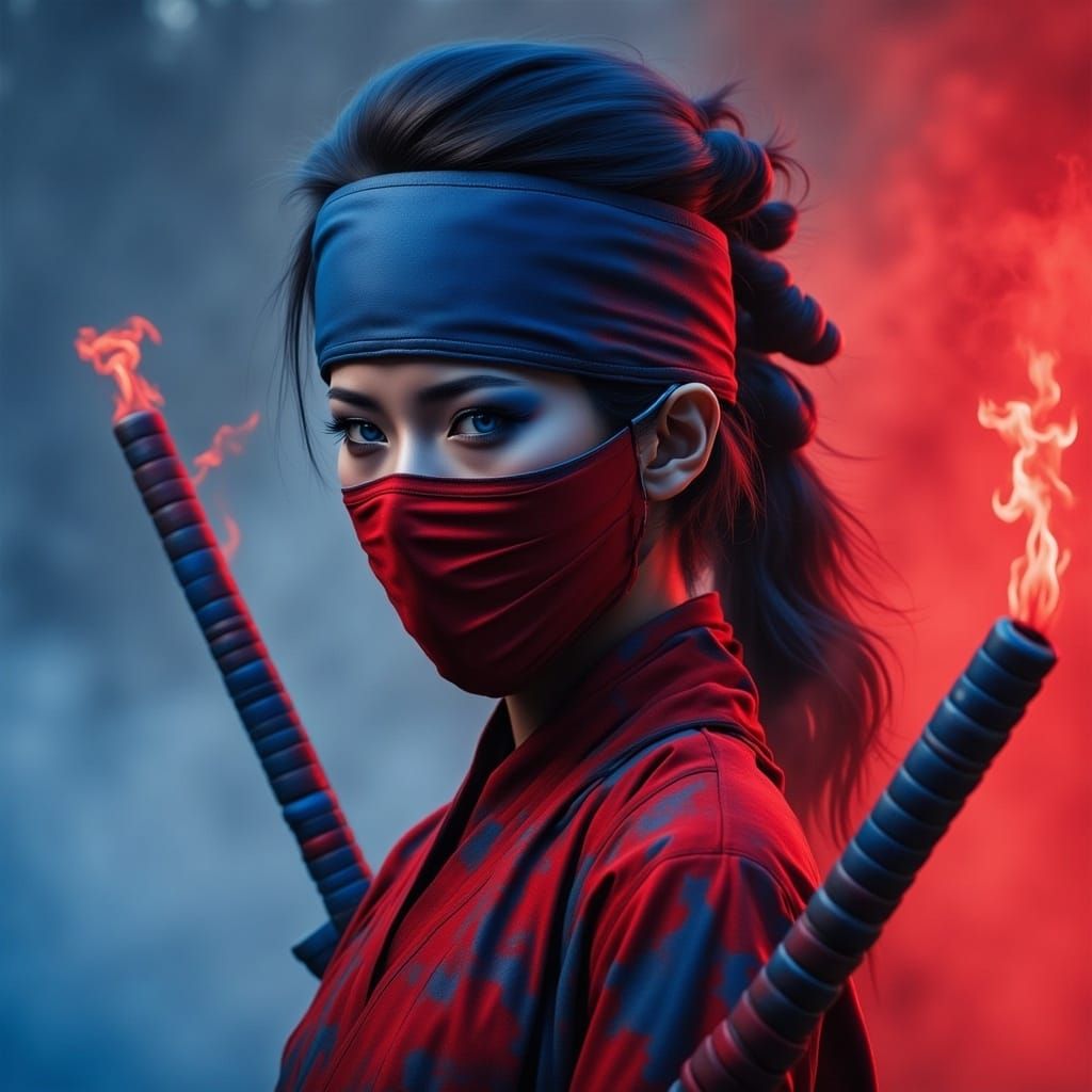Female Ninja in Red and Blue