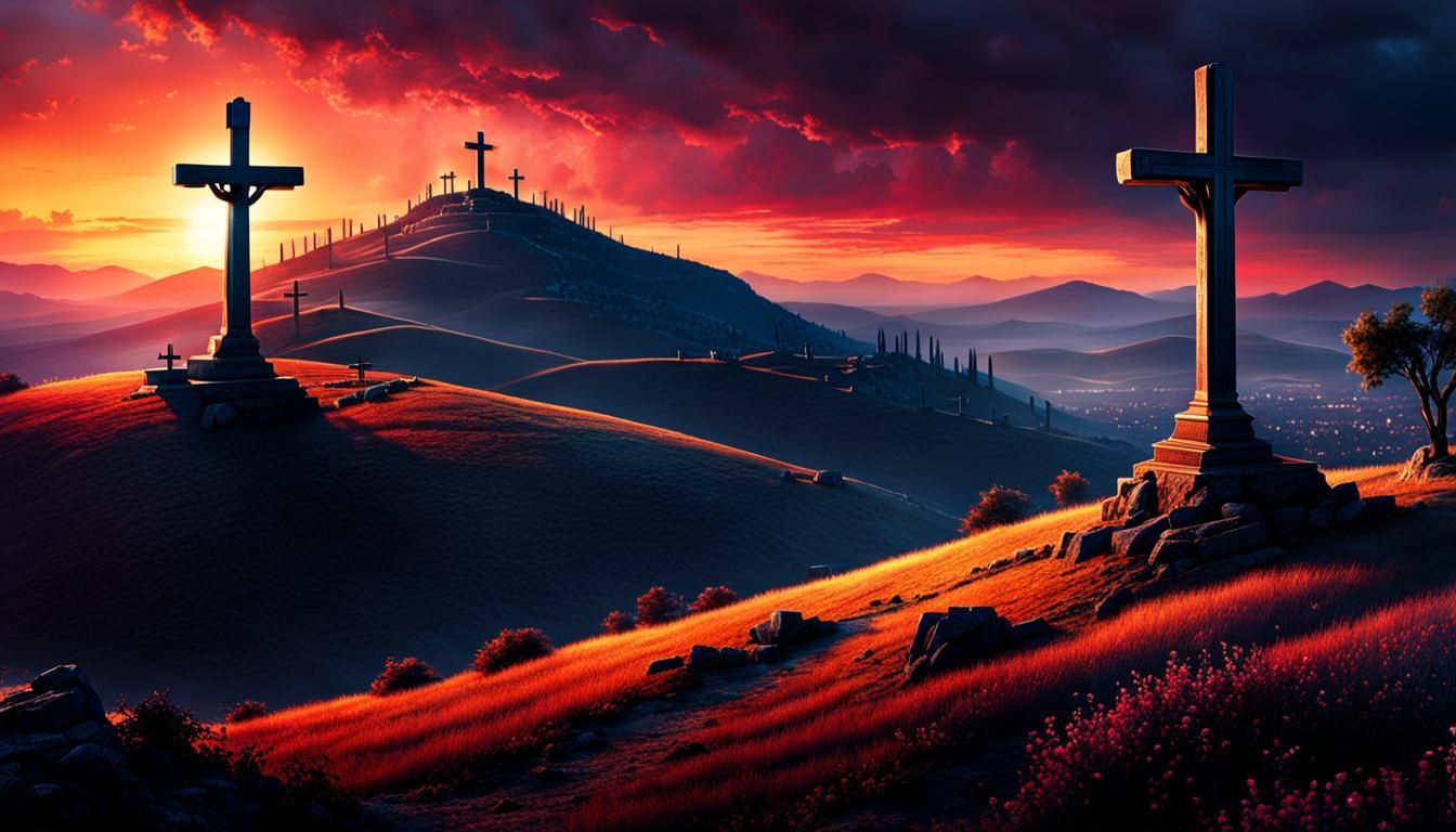 The three crosses on Calvary at sunset