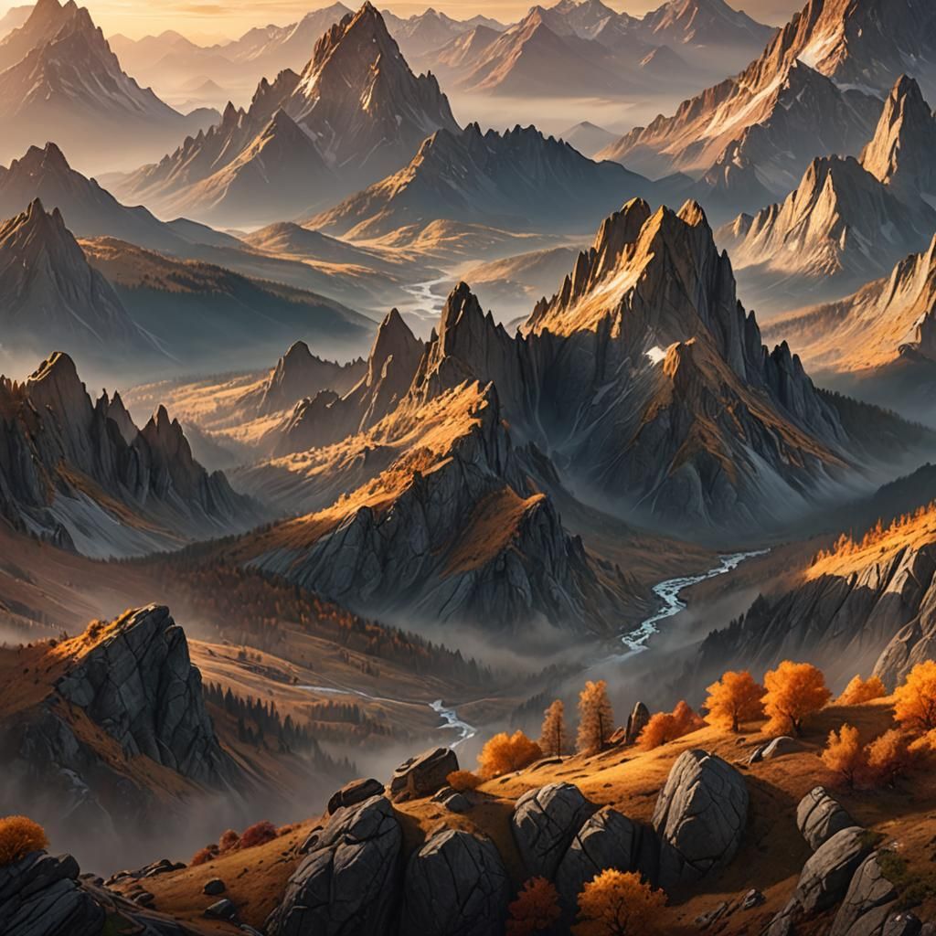 Majestic Mountain Range at Sunrise in Matte Painting Style