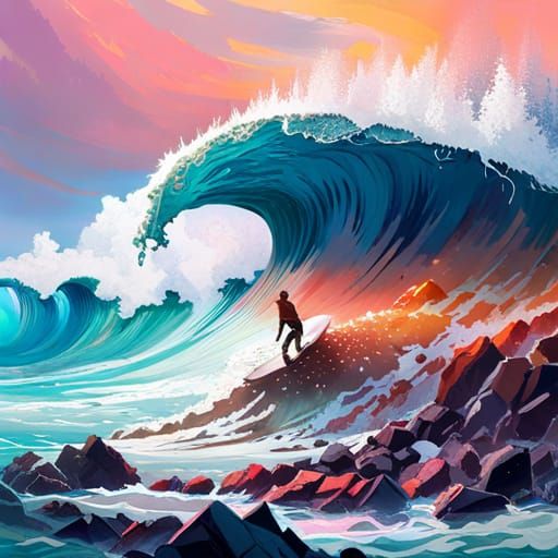 Fantasy Surfer on a Wave Collage Illustration