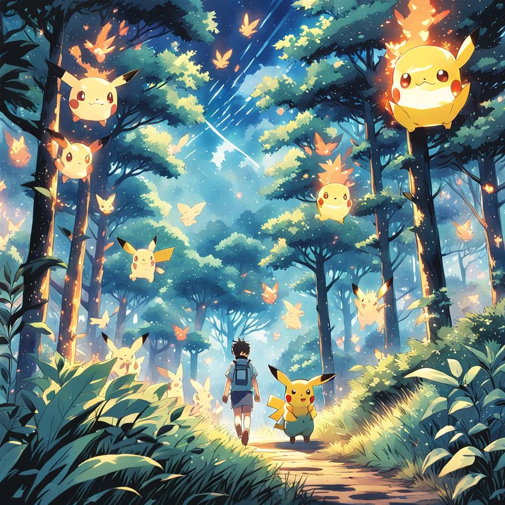 Pikachu's Forest Party: Anime Watercolor in Ghibli Style