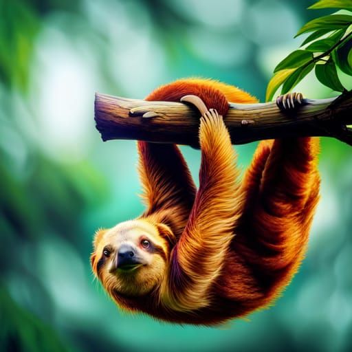 A large two-toed sloth sleeps while hanging upside down by its legs and arms from the branches of a cecoria tree -in the...
