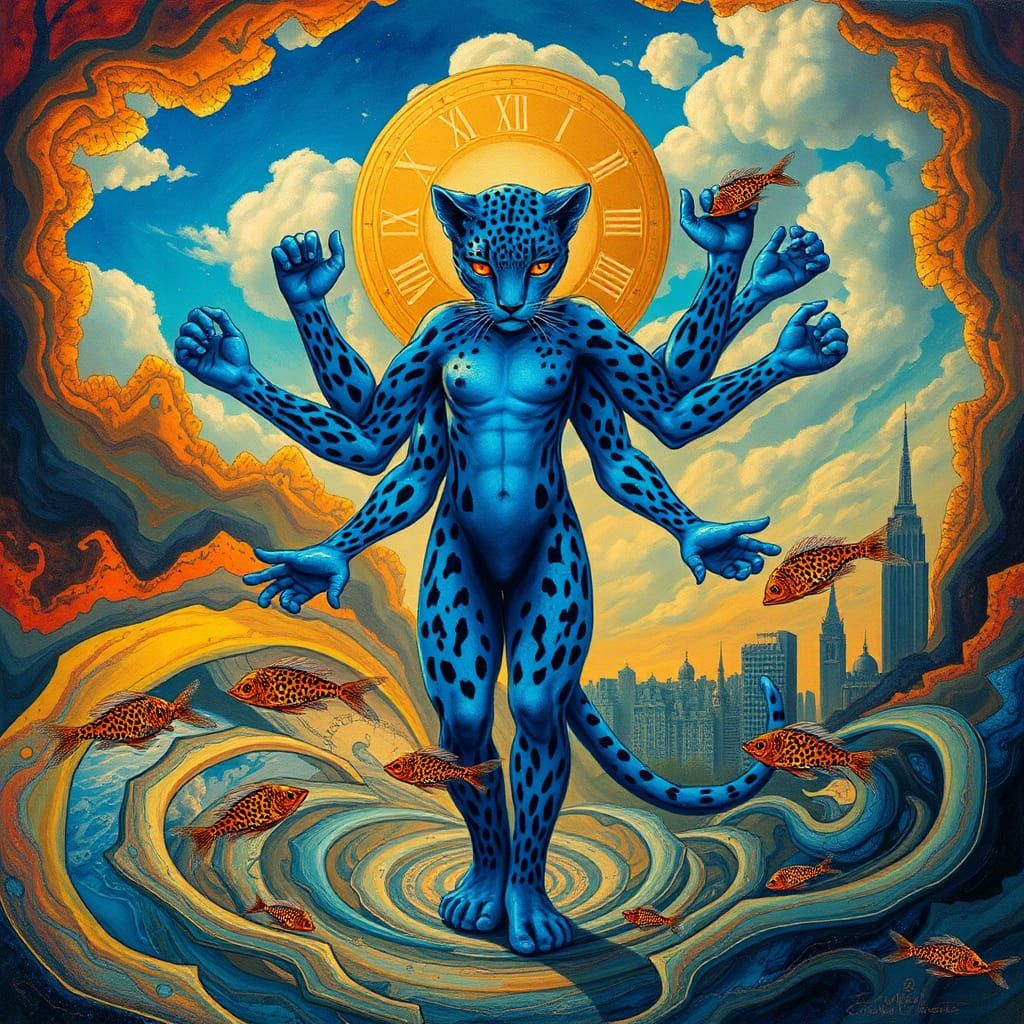 Surreal Blue Leopard Woman in Dreamlike Time Vortex