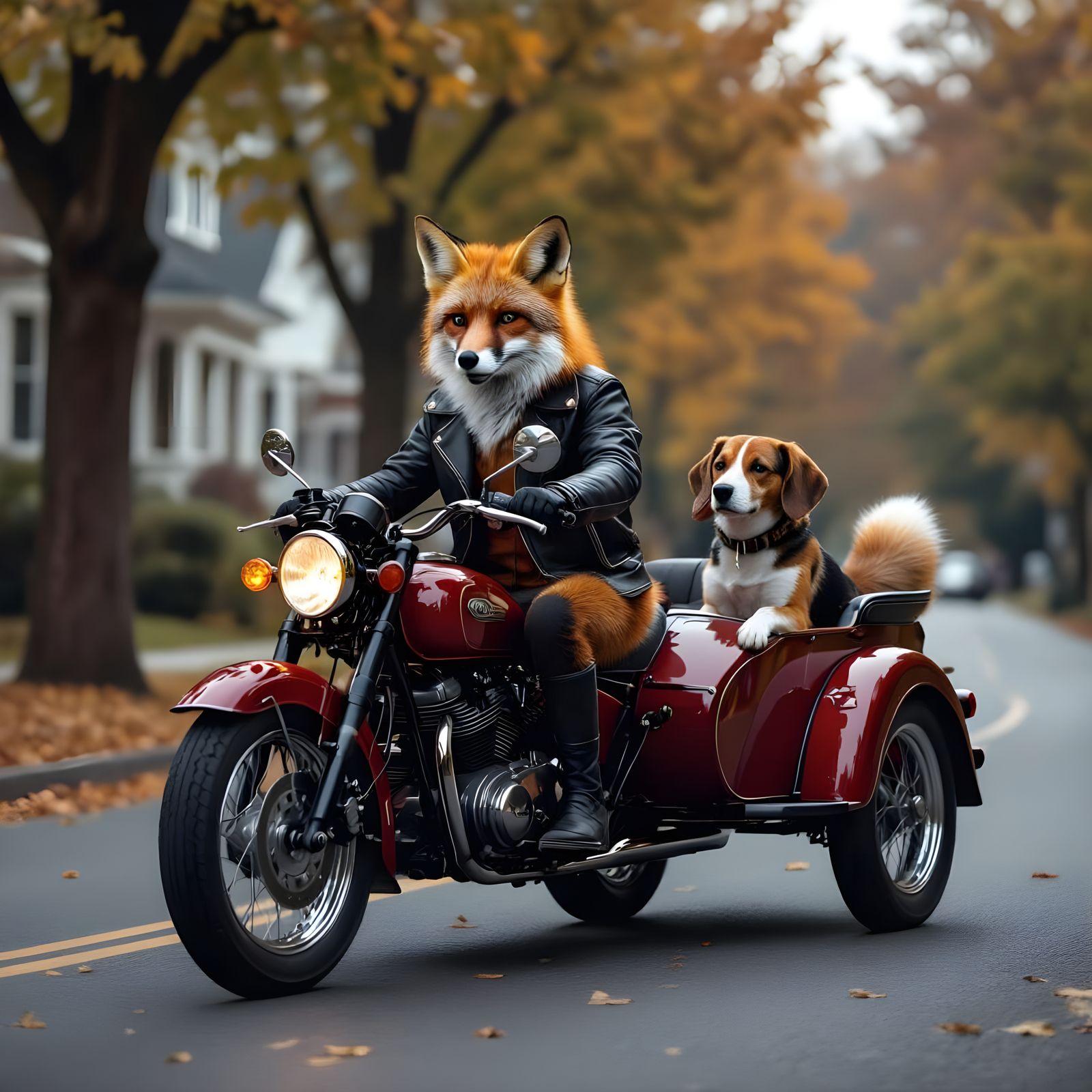 Fox on Motorbike with Hound in Sidecar