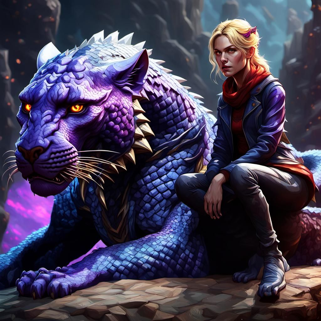 Blonde Woman Astride Panther Dragon: Dark Fantasy Art