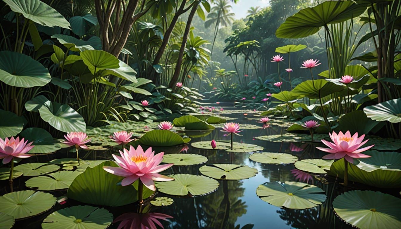 Tropical Oasis with Pink Water Lilies and Dragonflies in Pho...