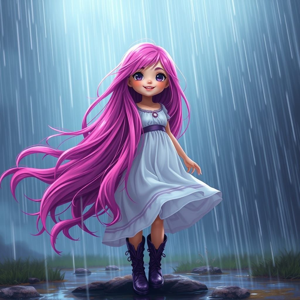 Pink-Haired Streamer in Rainstorm: Fantasy Concept Art