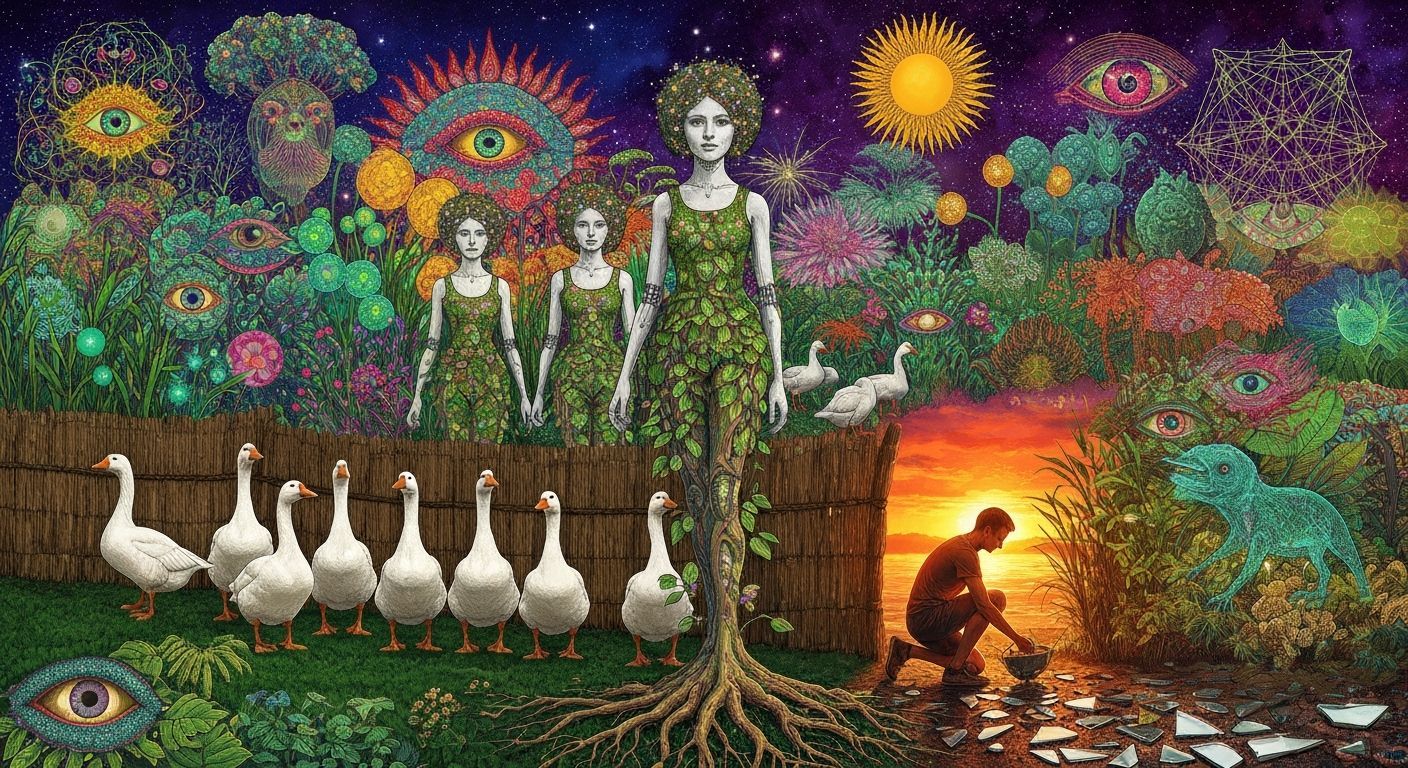 Folkloric Robot Sculpture with Stardust Hair in Eco-Art Gard...