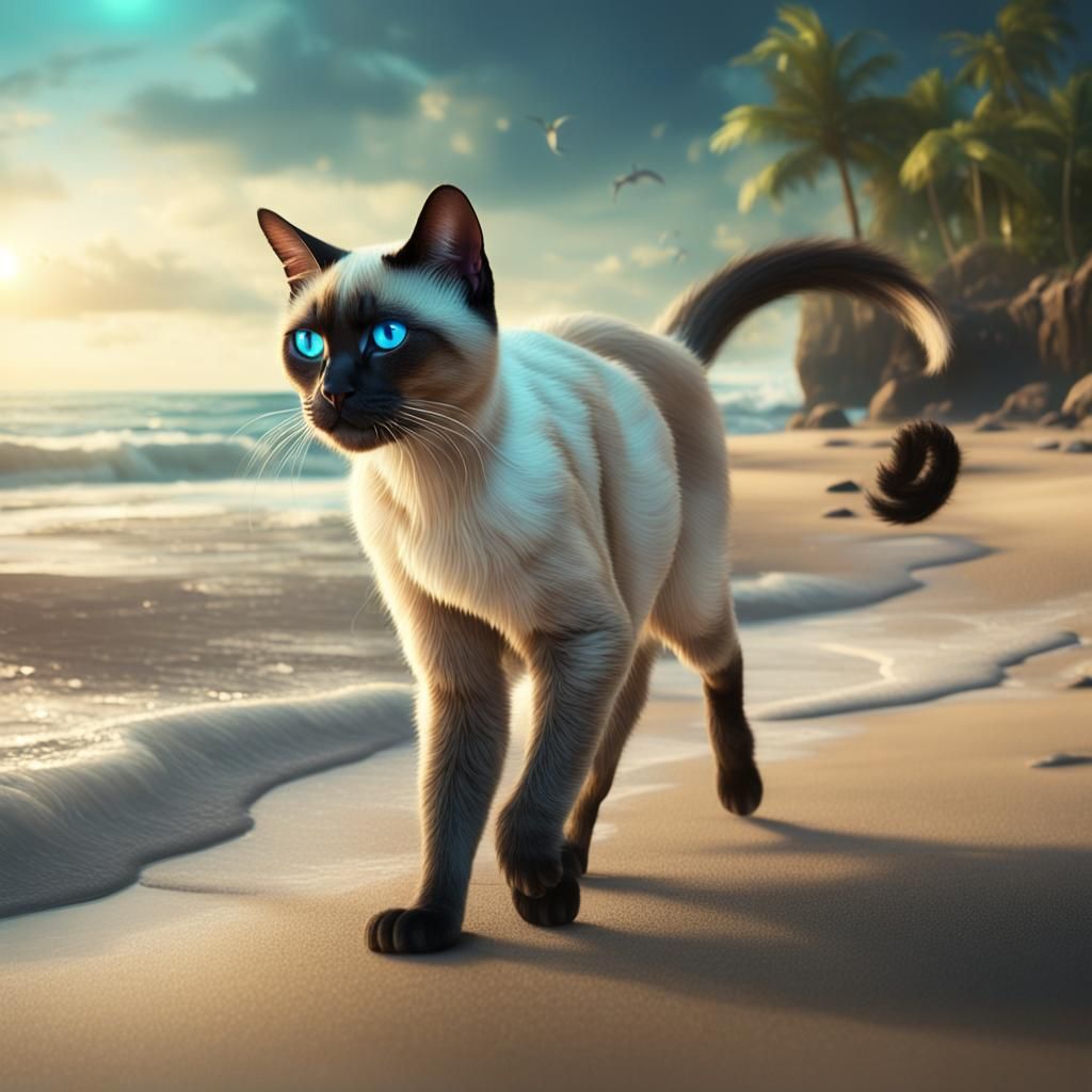 Siamese Cat Walks on Beach: Detailed Digital Painting