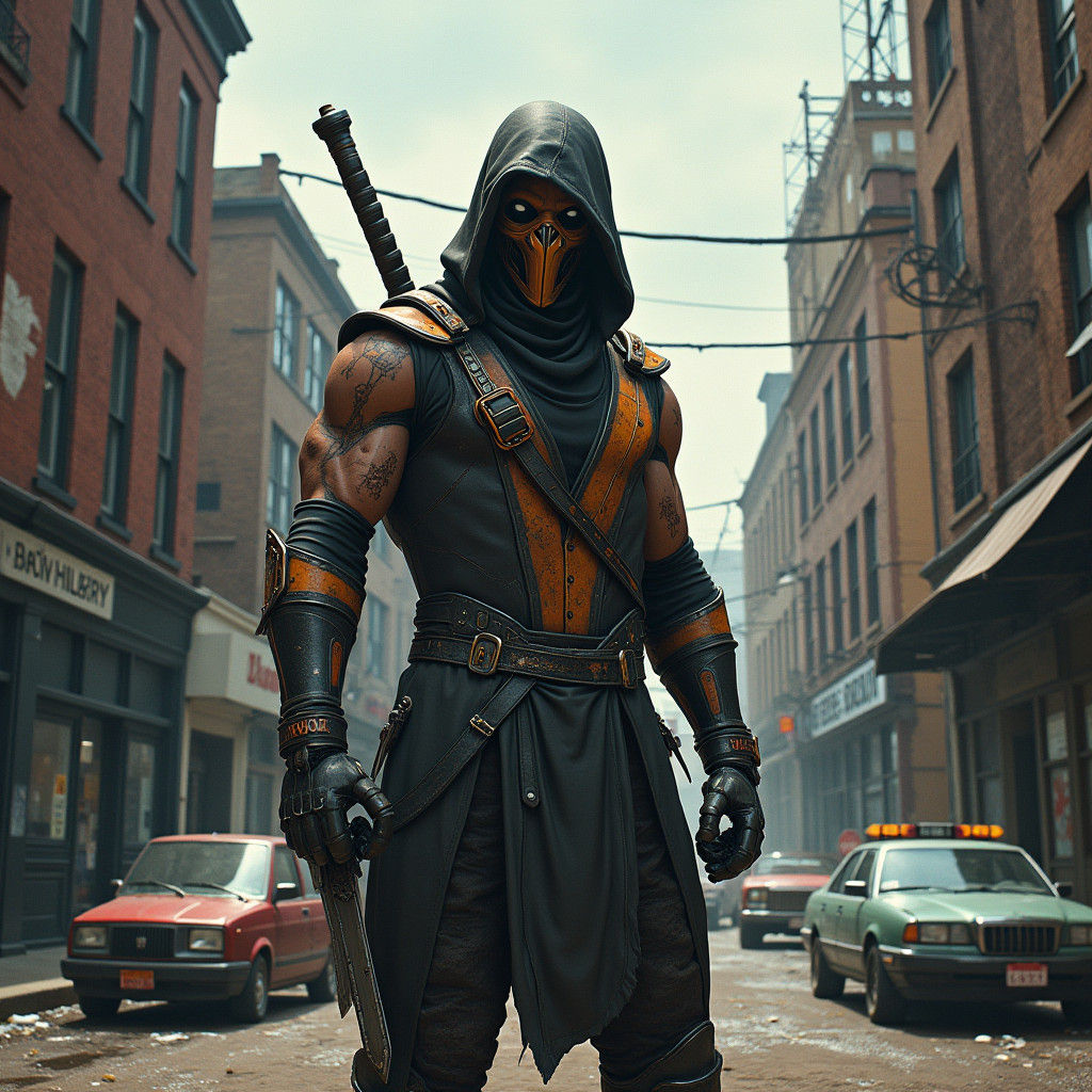 Cyborg Ninja in Dystopian Industrial Landscape