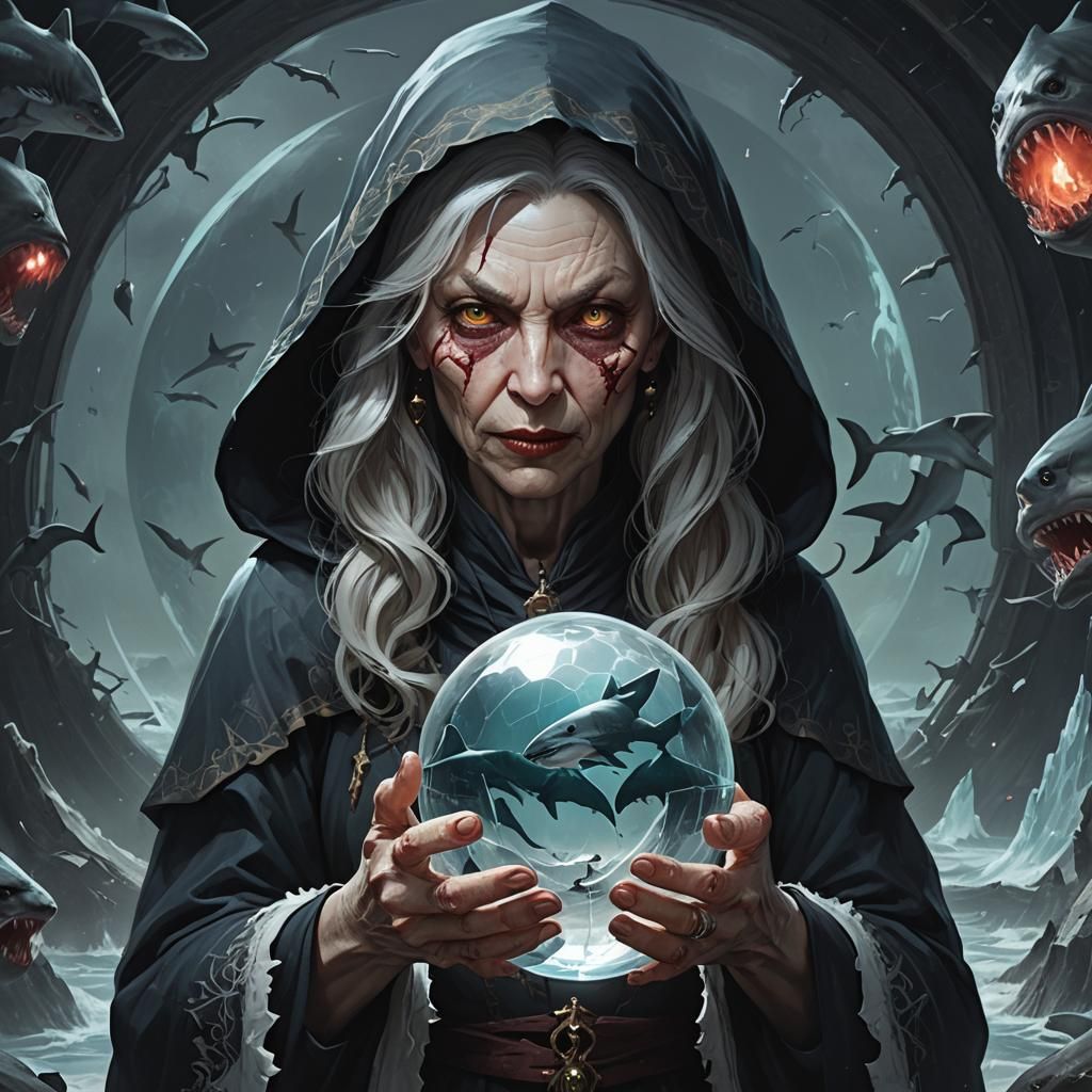 Evil Witch with Shark Infested Snow Globe