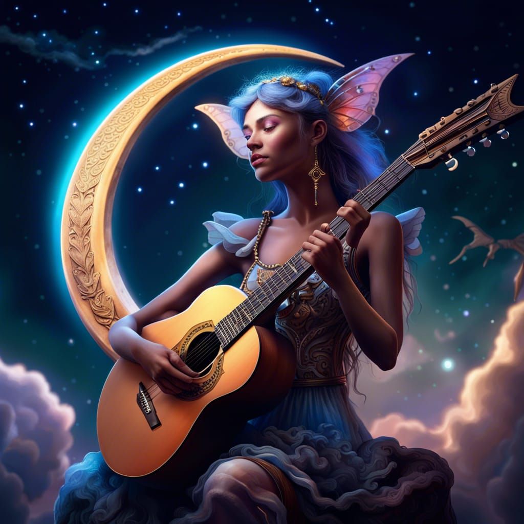 Dream Fairy Guitarist in Fantasy Landscape