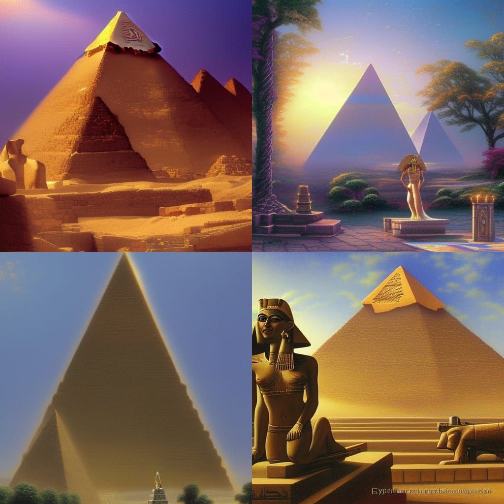 Egyptian Goddess Statue and Pyramid in Ethereal Mist
