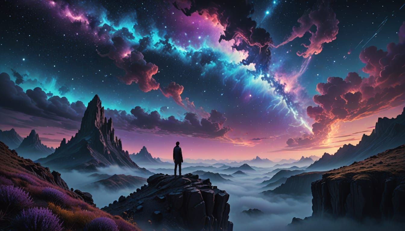 Ethereal Figure Stands at Edge of Celestial Void in Dreamy O...