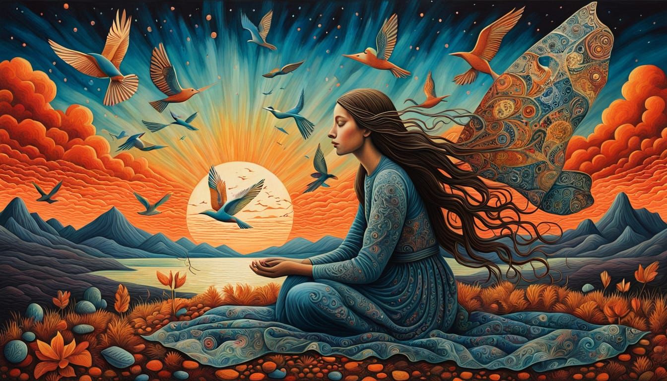 Surreal Dreamscape Fragmented Sculpture with Kneeling Woman