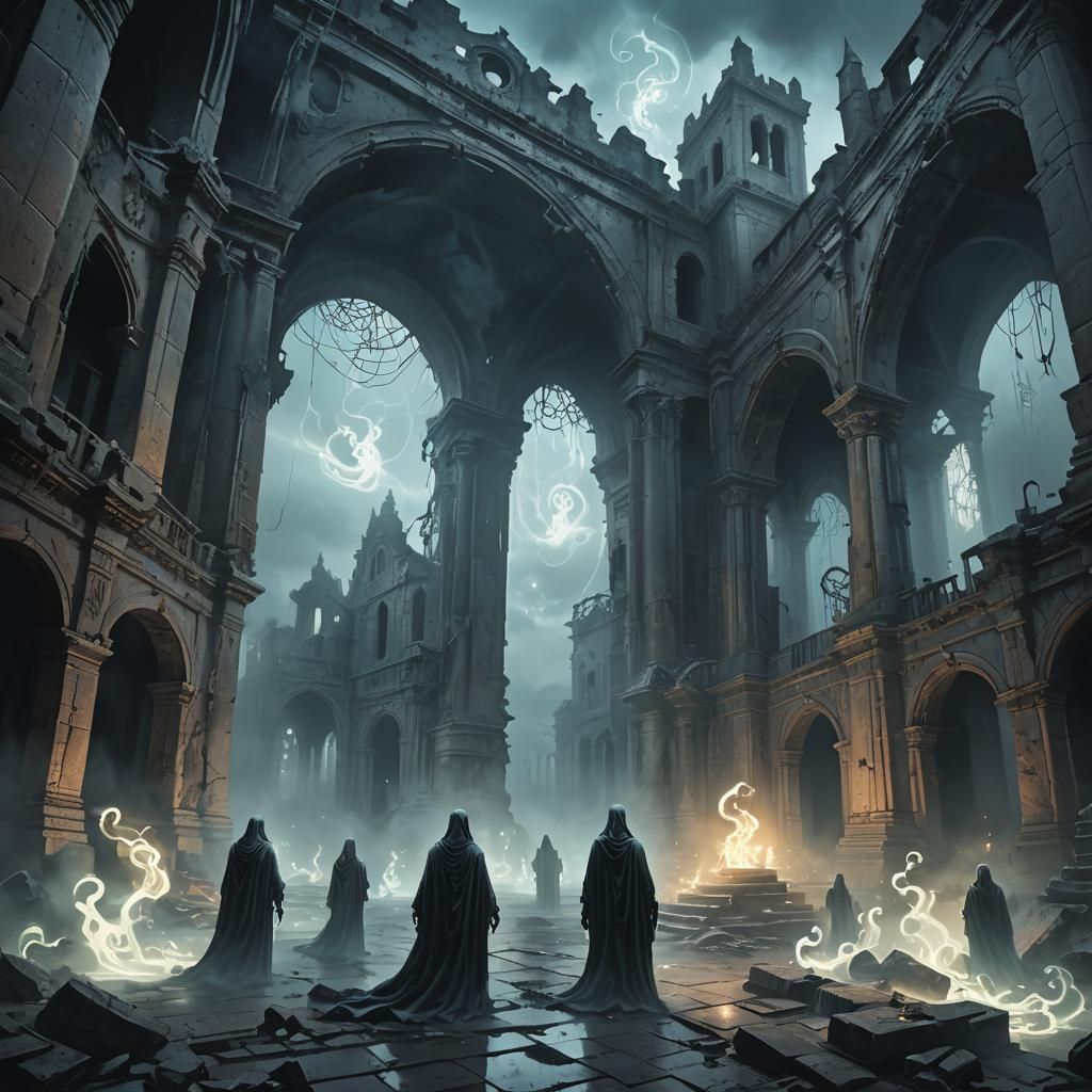 Eerie Ghosts Swirling in Mystical Dark Fantasy Scene