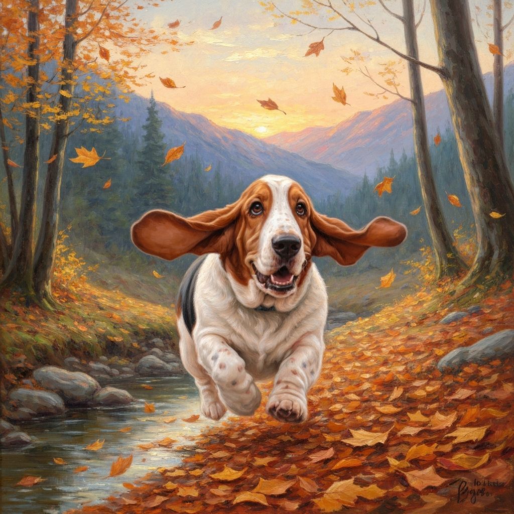 Fluffy Basset Hound Runs Through Autumn Leaves at Sunset