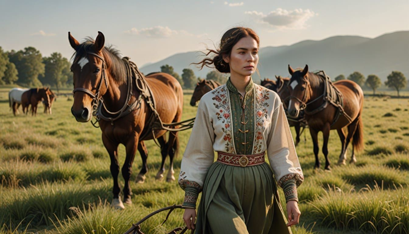 Woman and Horses in Meadow Landscape
