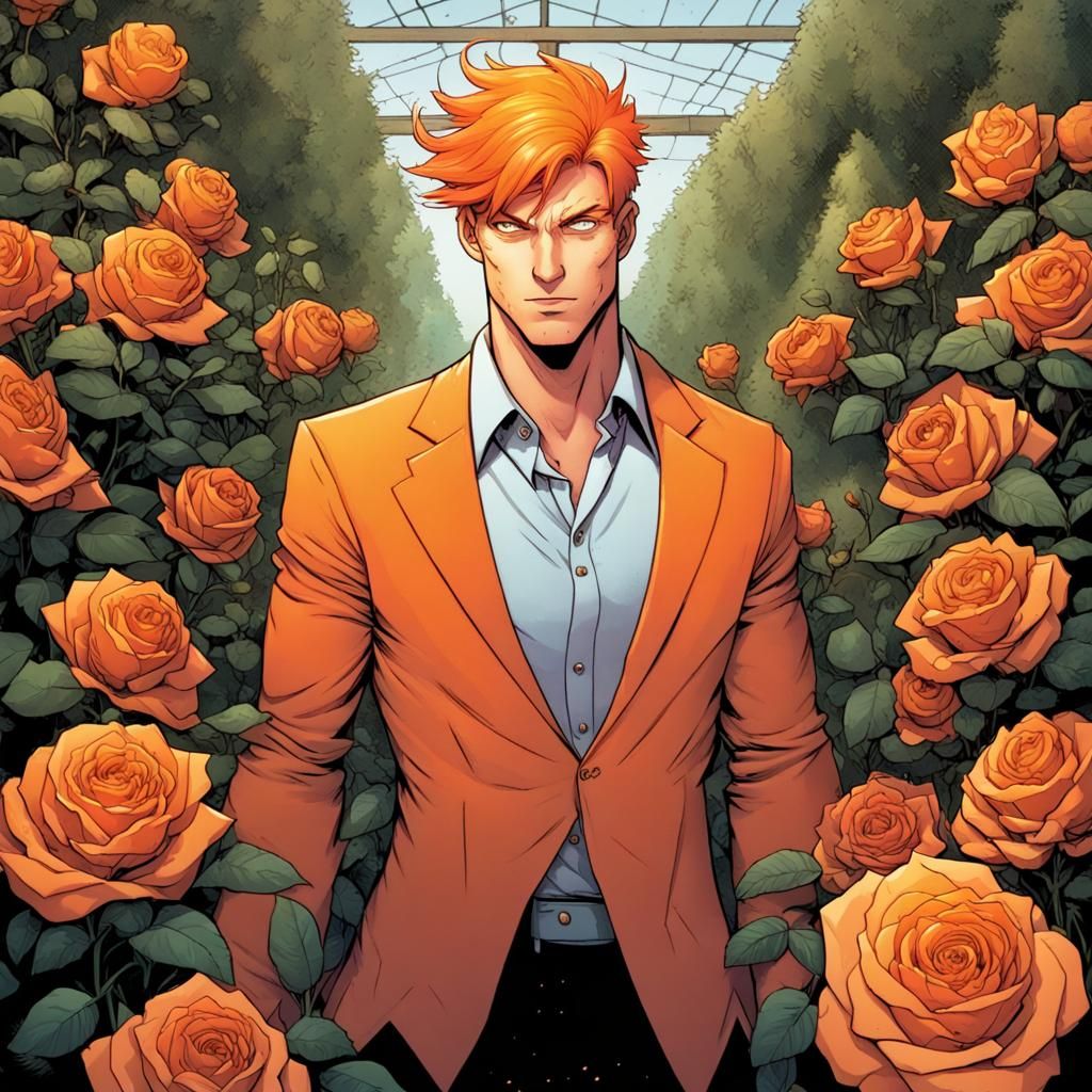 Orange Fox-Man in Rose Garden: Comic Book Art