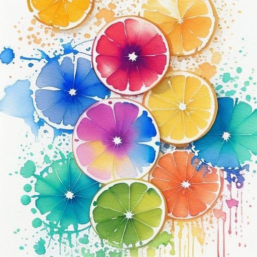 Watercolor Splash with Lemon, Pottery and Flowers